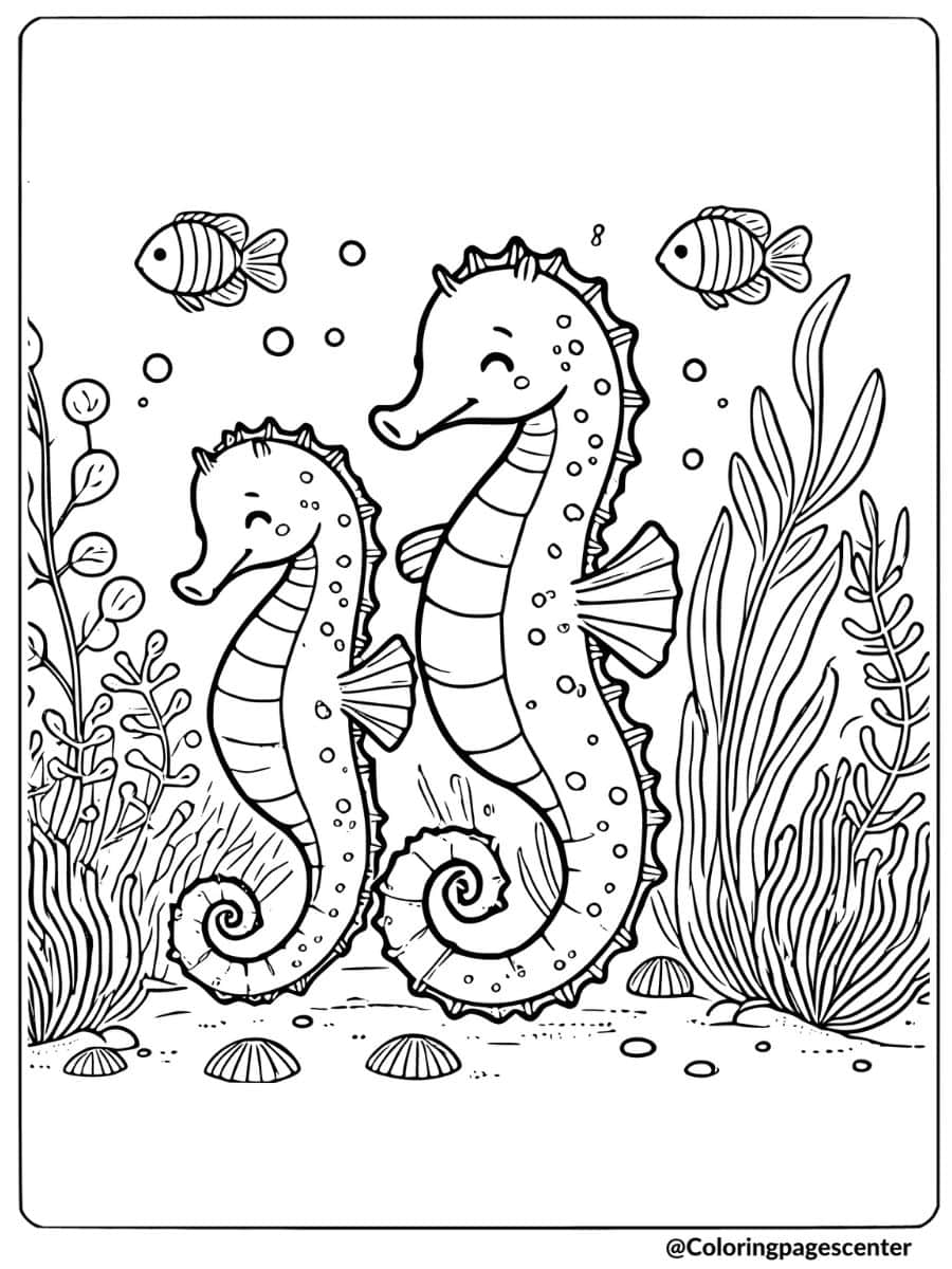 Two seahorses swimming together underwater coloring page