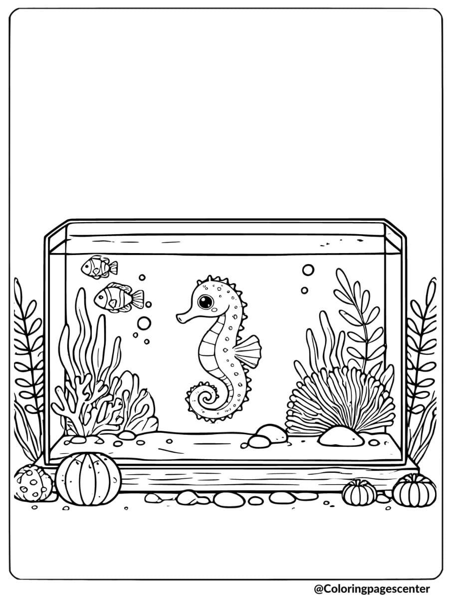 Seahorse swimming in an aquarium tank coloring page