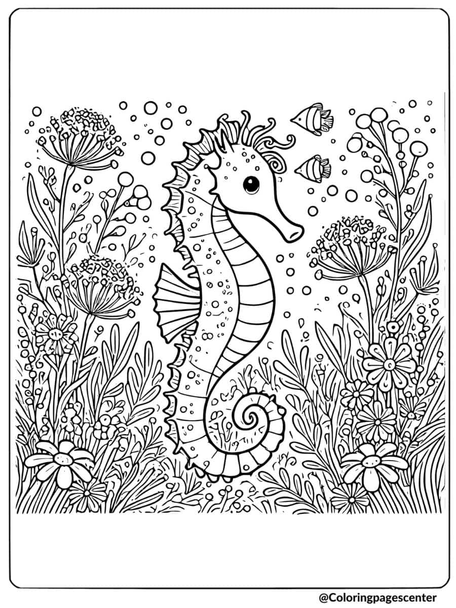 Seahorse swimming in blooming coral garden coloring page