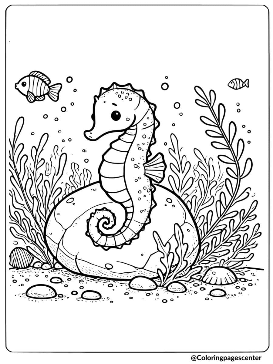 Cute seahorse resting on a rock underwater coloring page