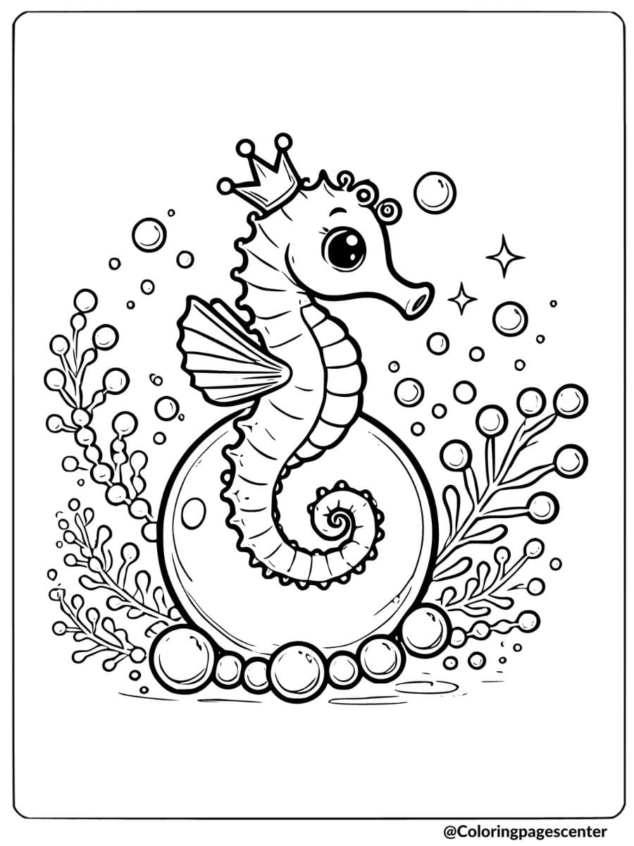 Seahorse wearing a crown underwater coloring page