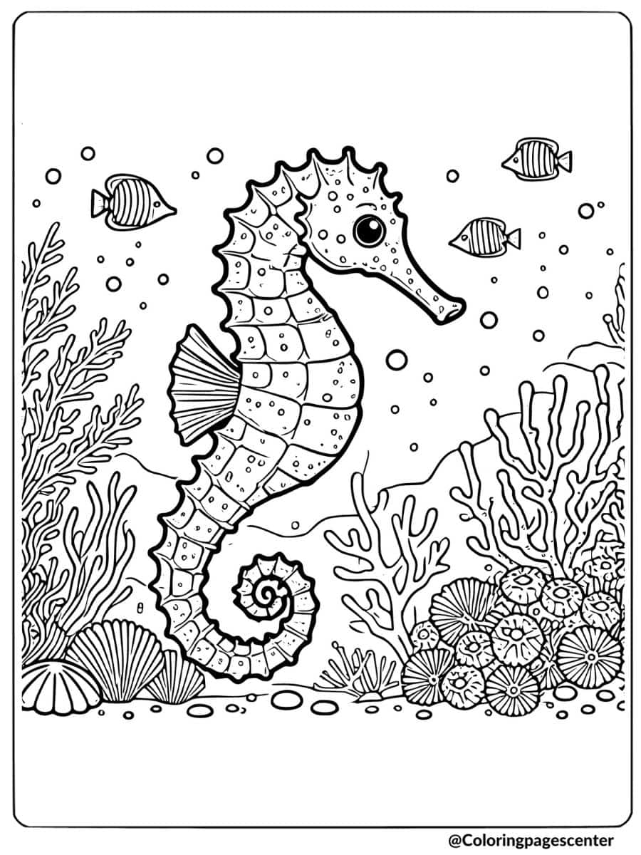 Seahorse swimming with fish in the ocean coloring page