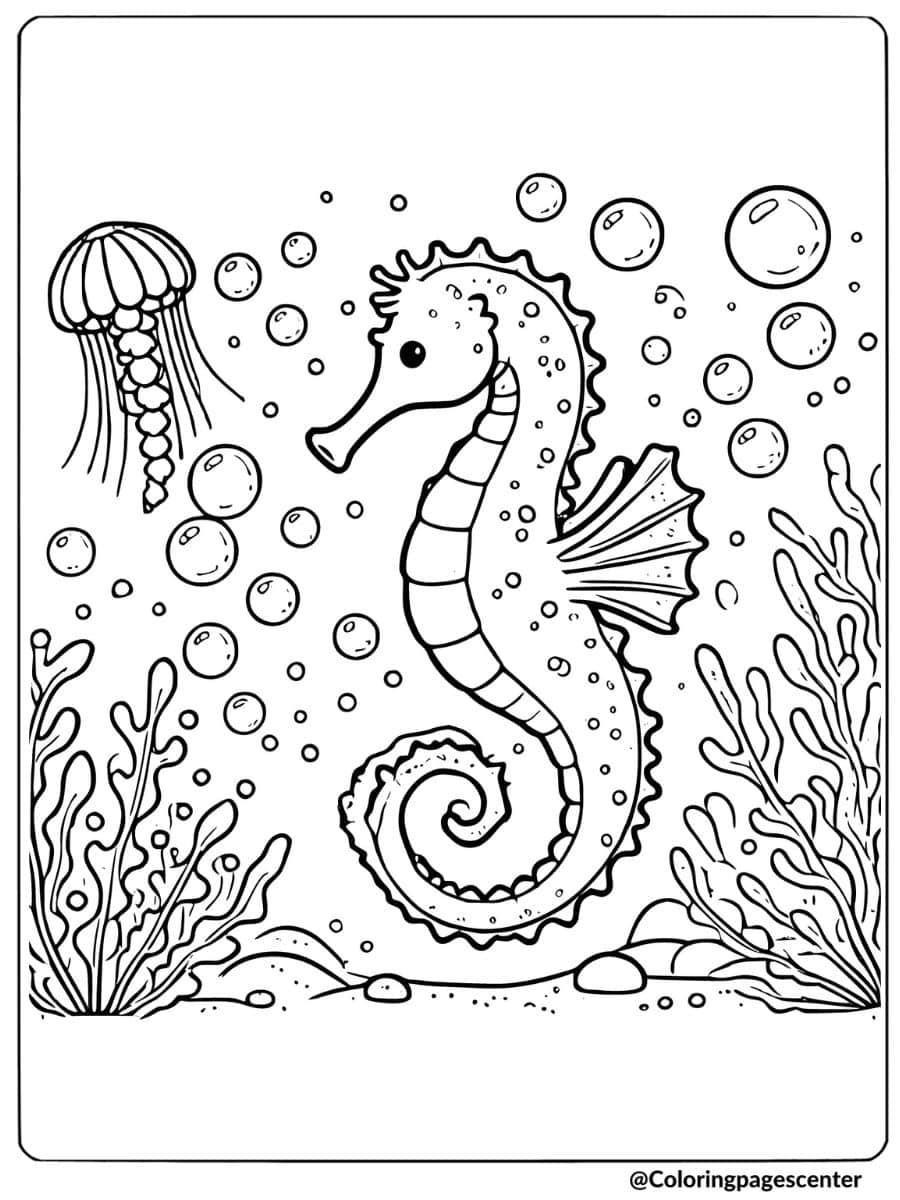 Seahorse and jellyfish underwater scene coloring page