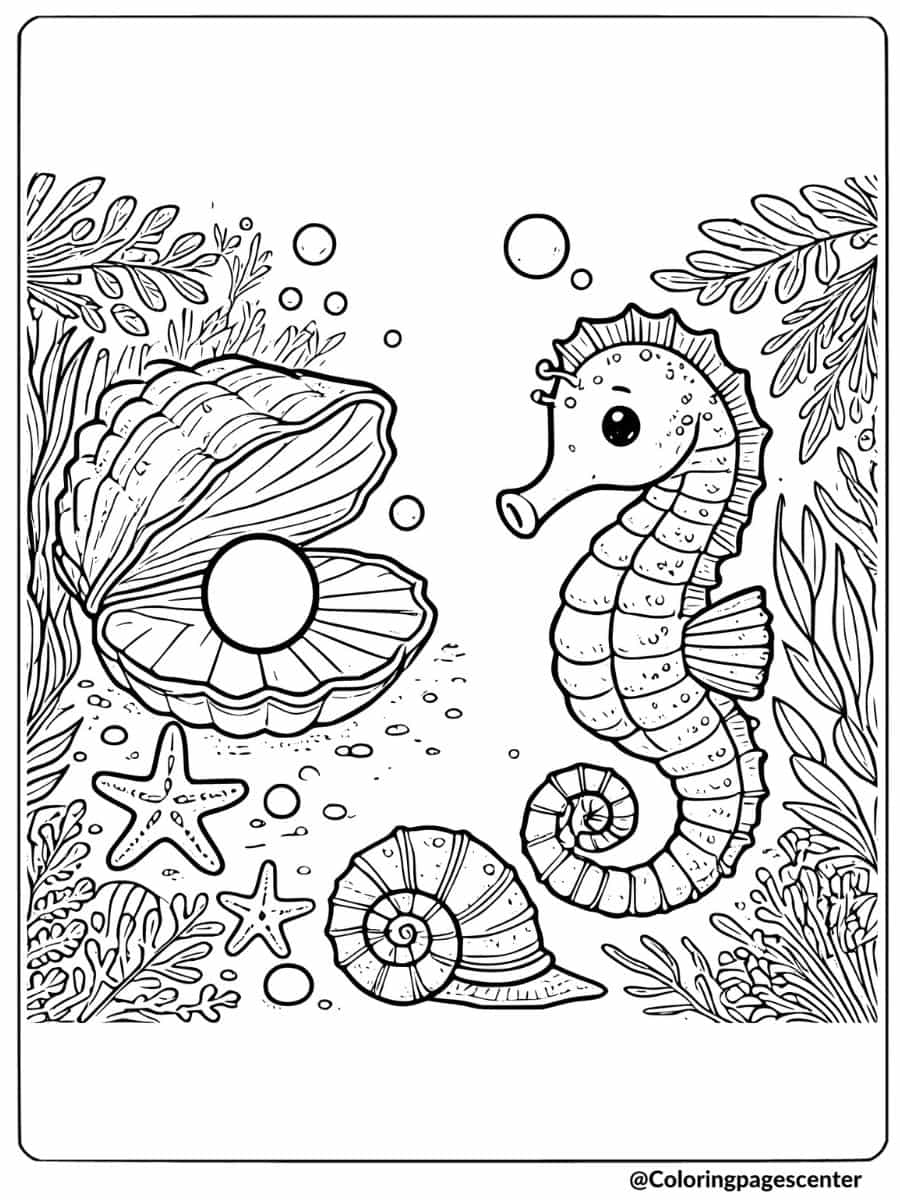 Seahorse with seashell and starfish underwater coloring page