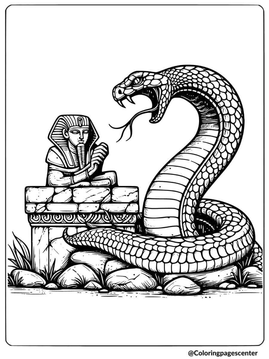 Coloring page featuring a snake and Pharaoh statue