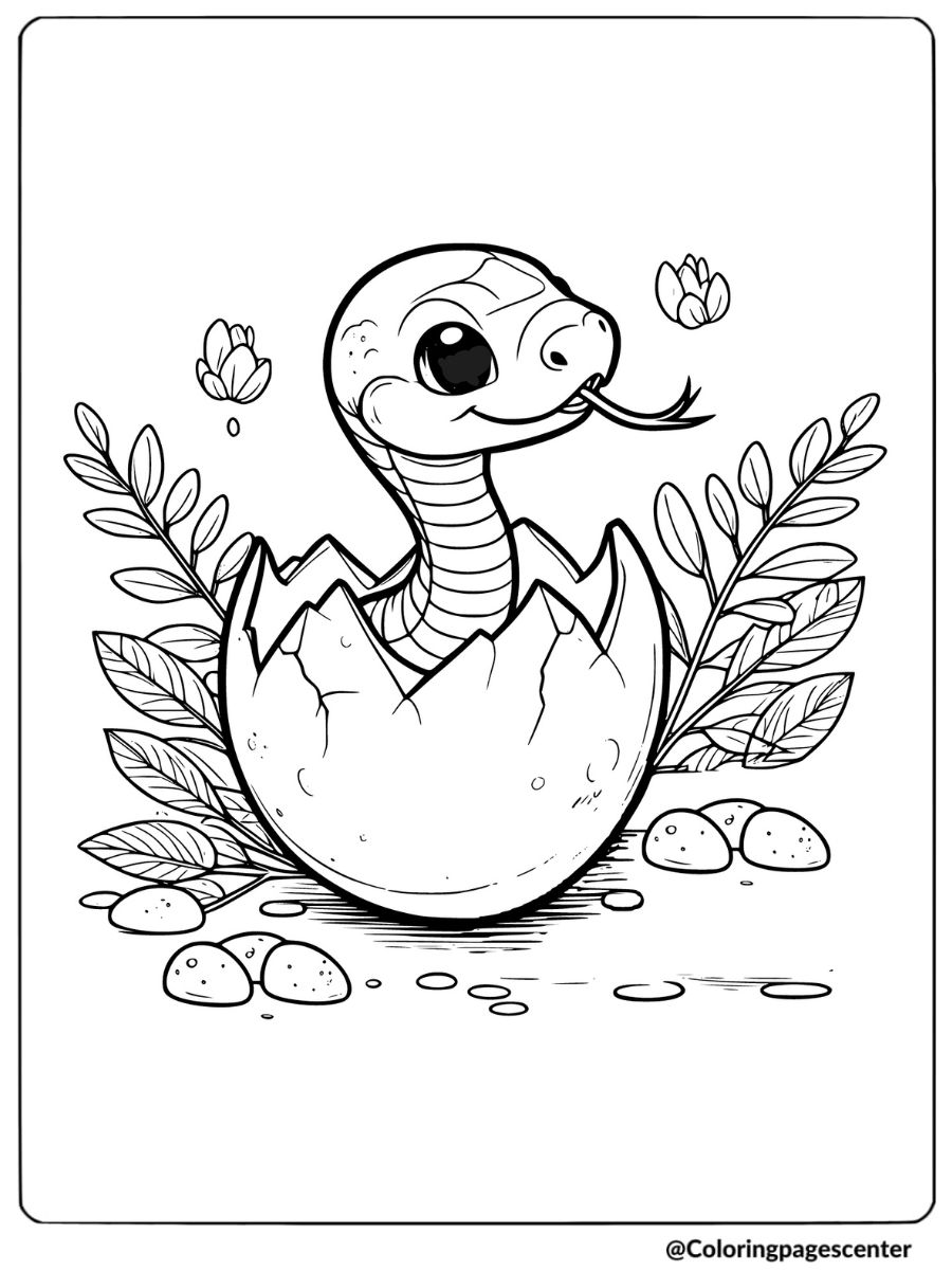 Coloring page of a snake emerging from an egg