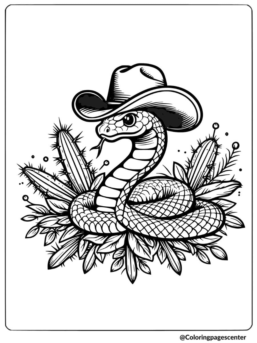 Coloring page of a snake wearing a cowboy hat and cactus