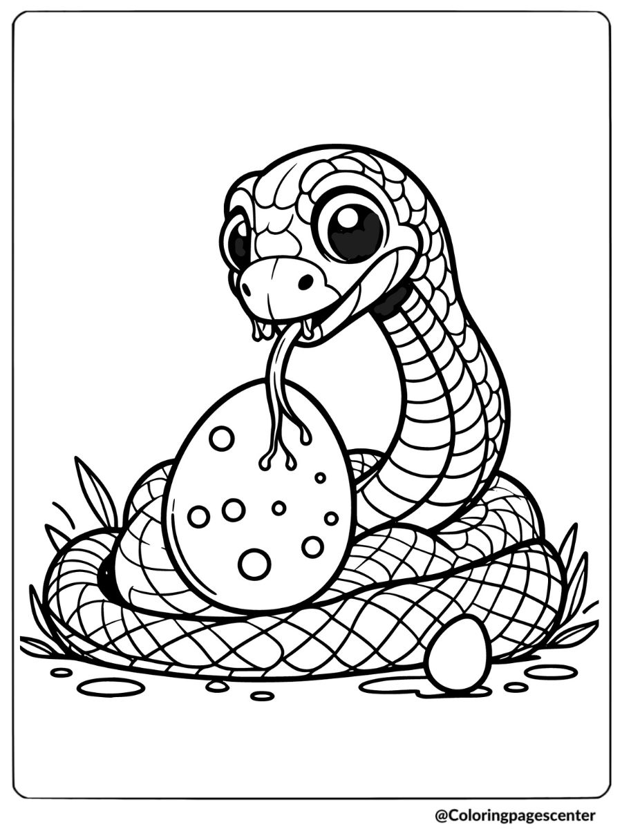 Coloring page of a playful snake holding an egg