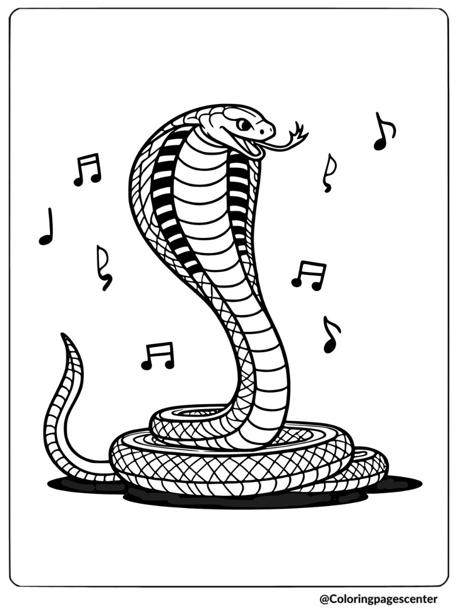 Coloring page of a cobra dancing with music notes