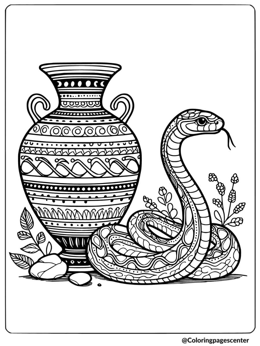 Coloring page of a snake beside a patterned pot