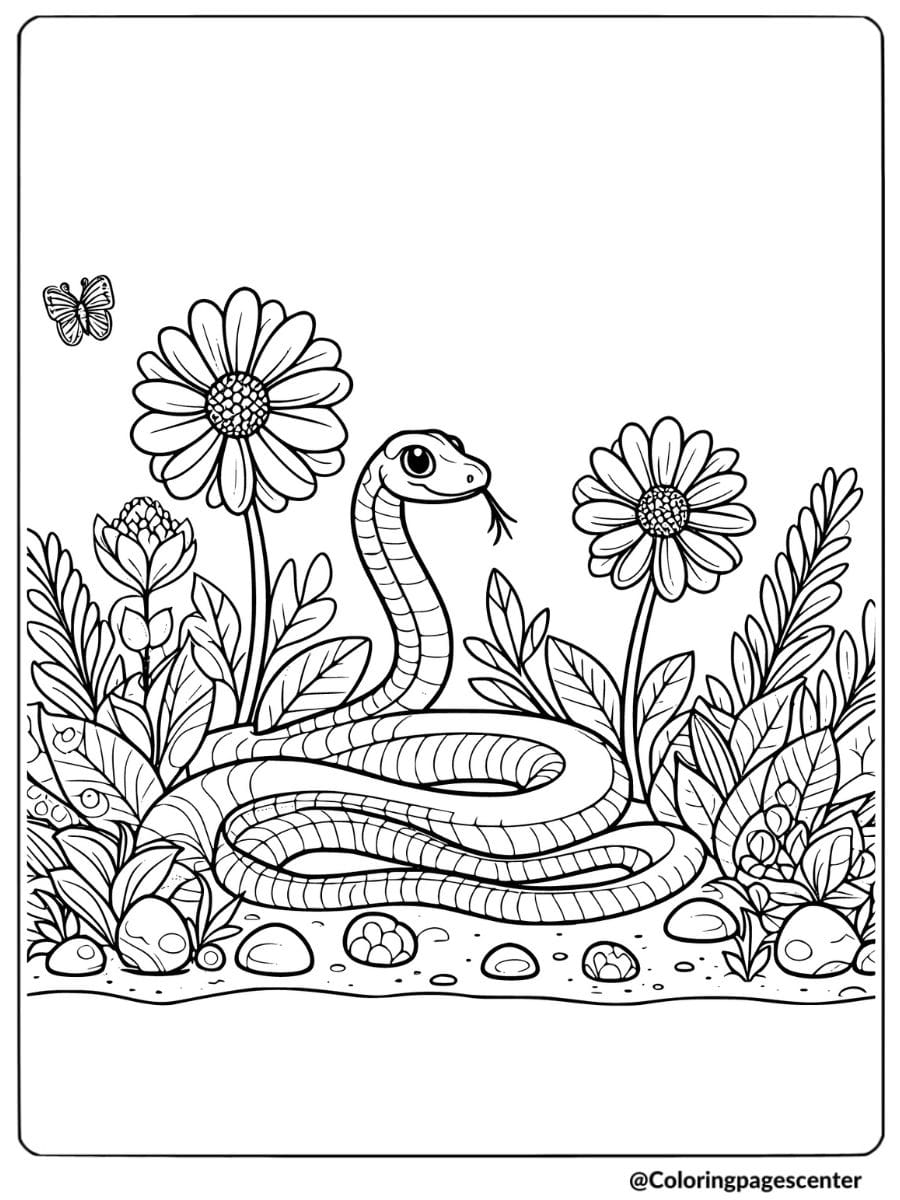 Coloring page of a snake surrounded by flowers