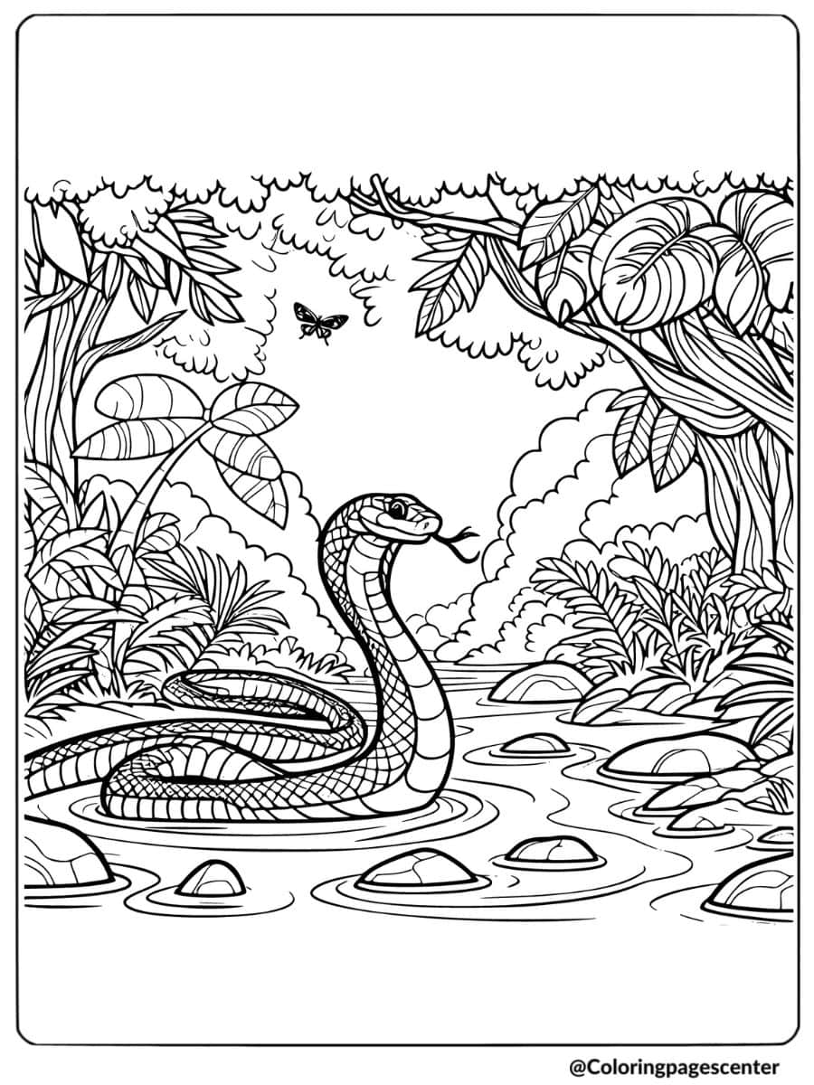 Coloring page of a snake swimming in a jungle river