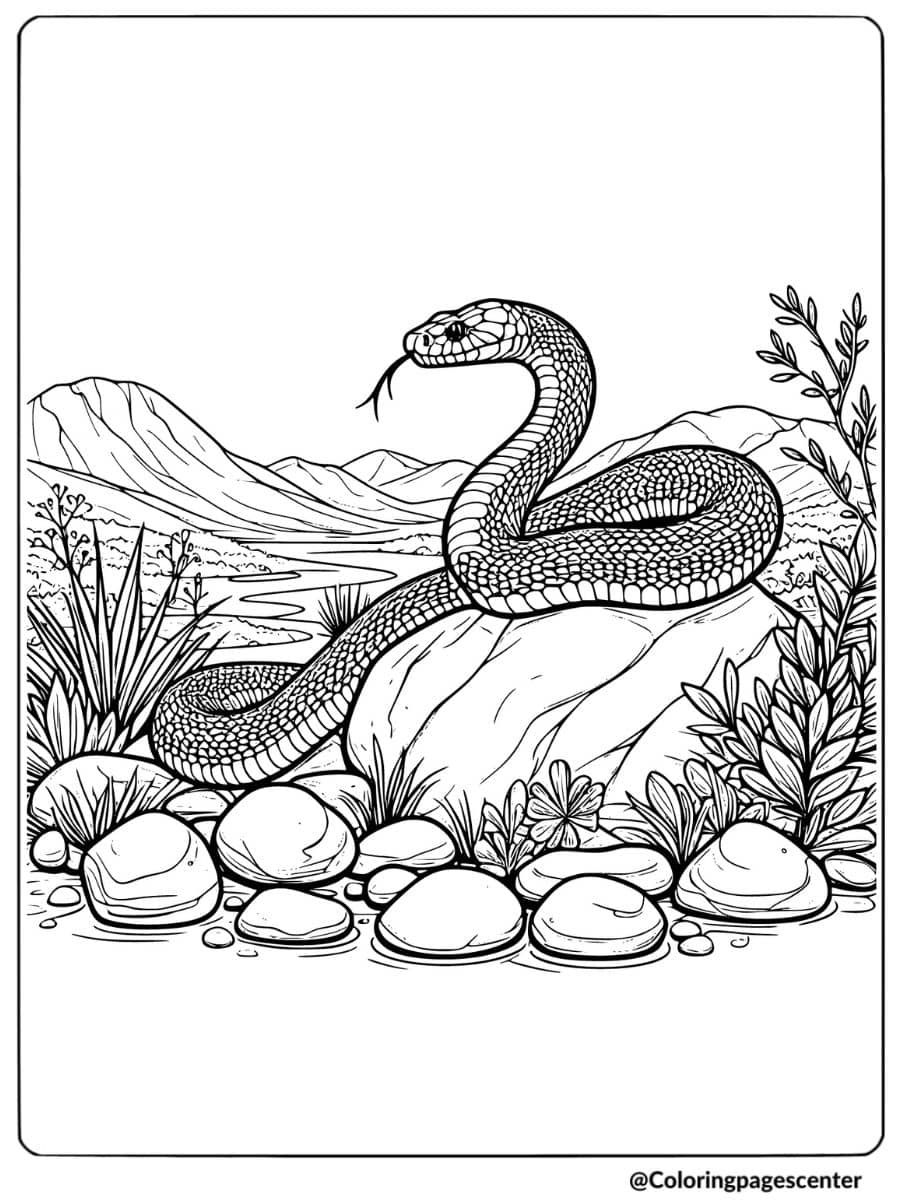 Coloring page of a snake on a rock in nature