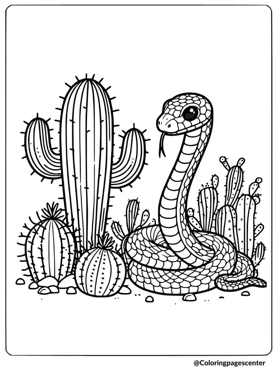 Coloring page of a snake beside a cactus in a desert