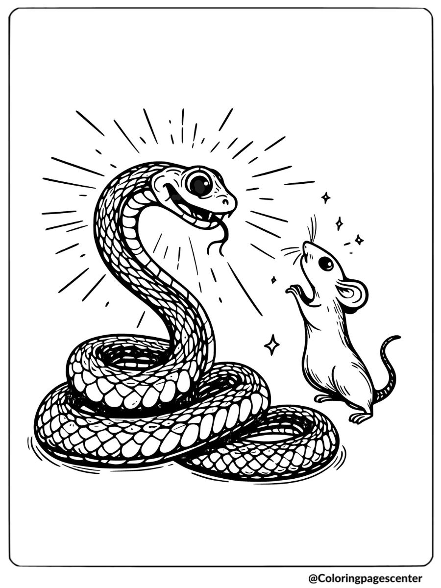 Coloring page of a snake facing a mouse