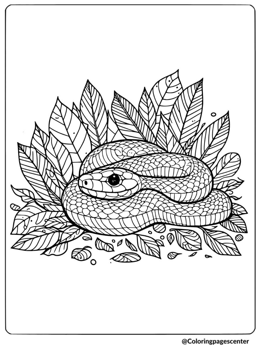 Coloring page of a snake coiled among leaves