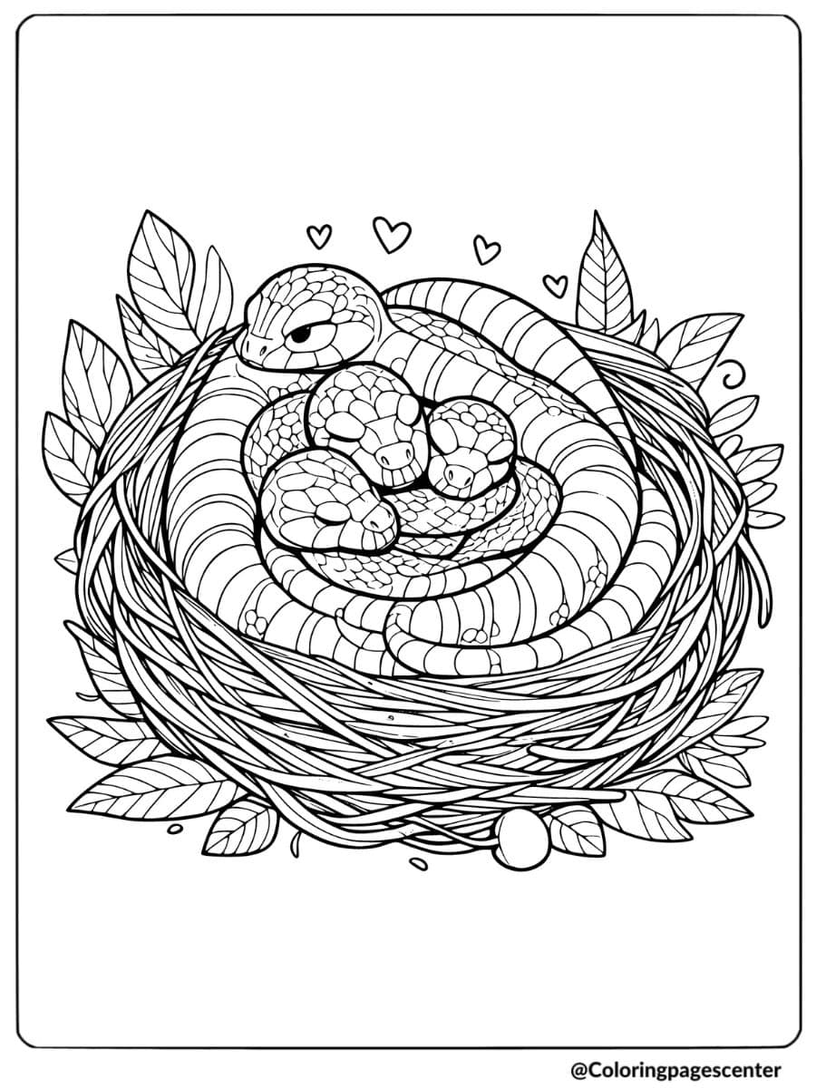 Coloring page of a snake with its babies in a nest