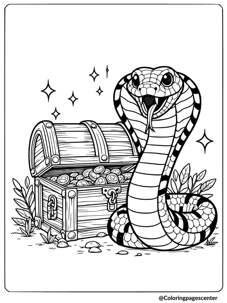 Coloring page of a snake next to a treasure chest