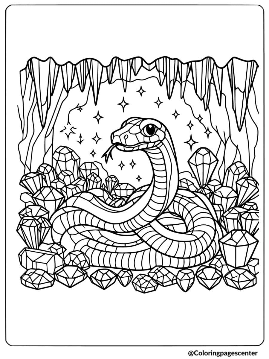 Coloring page of a snake in a cave full of crystals