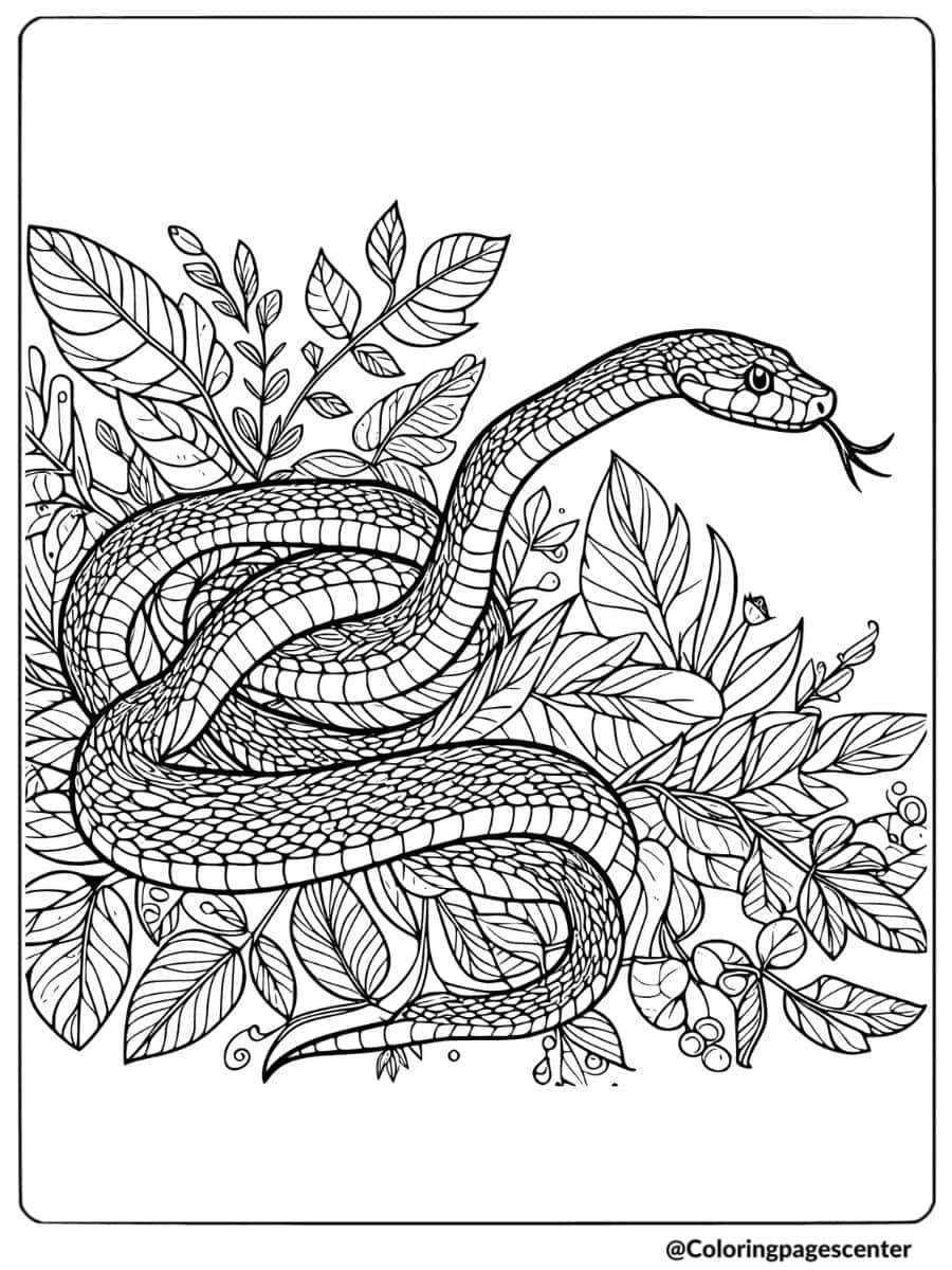 Coloring page of a snake in a jungle setting