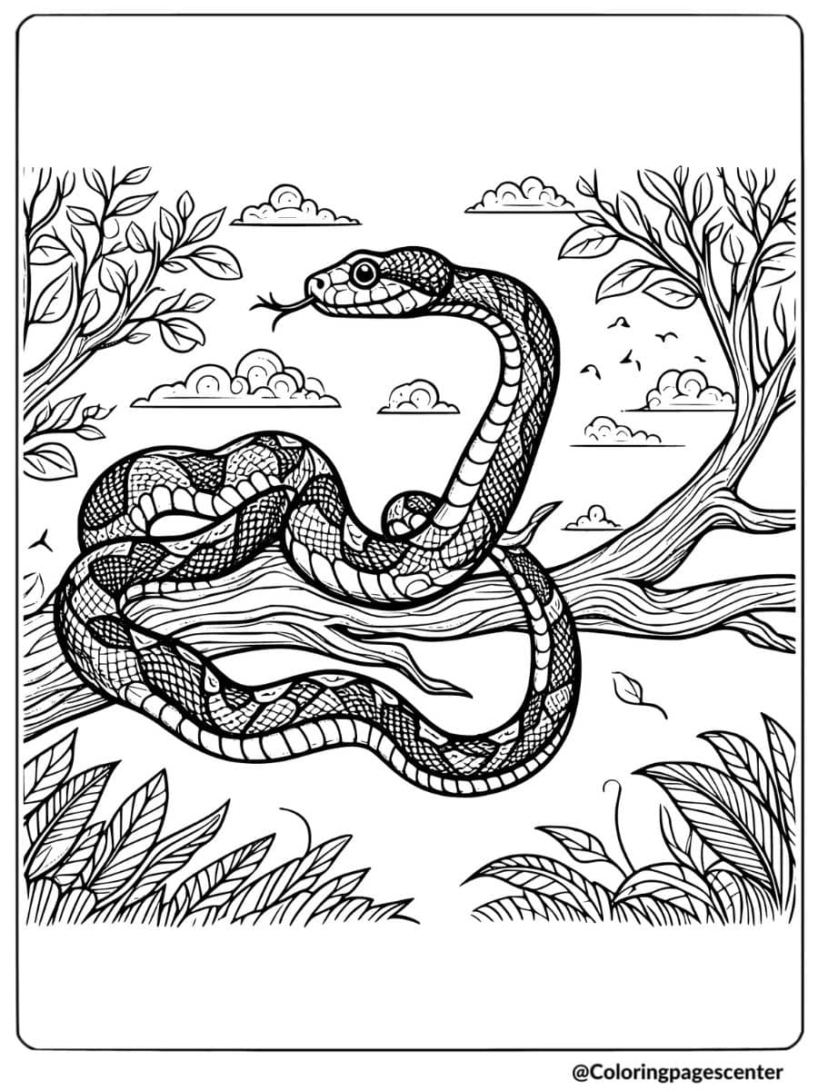 Coloring page of a snake resting on a tree branch