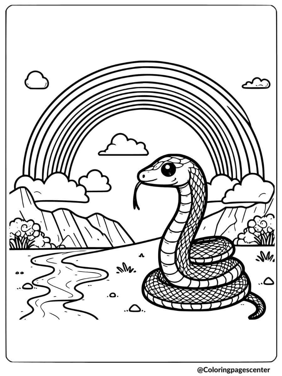 Coloring page of a snake under a rainbow