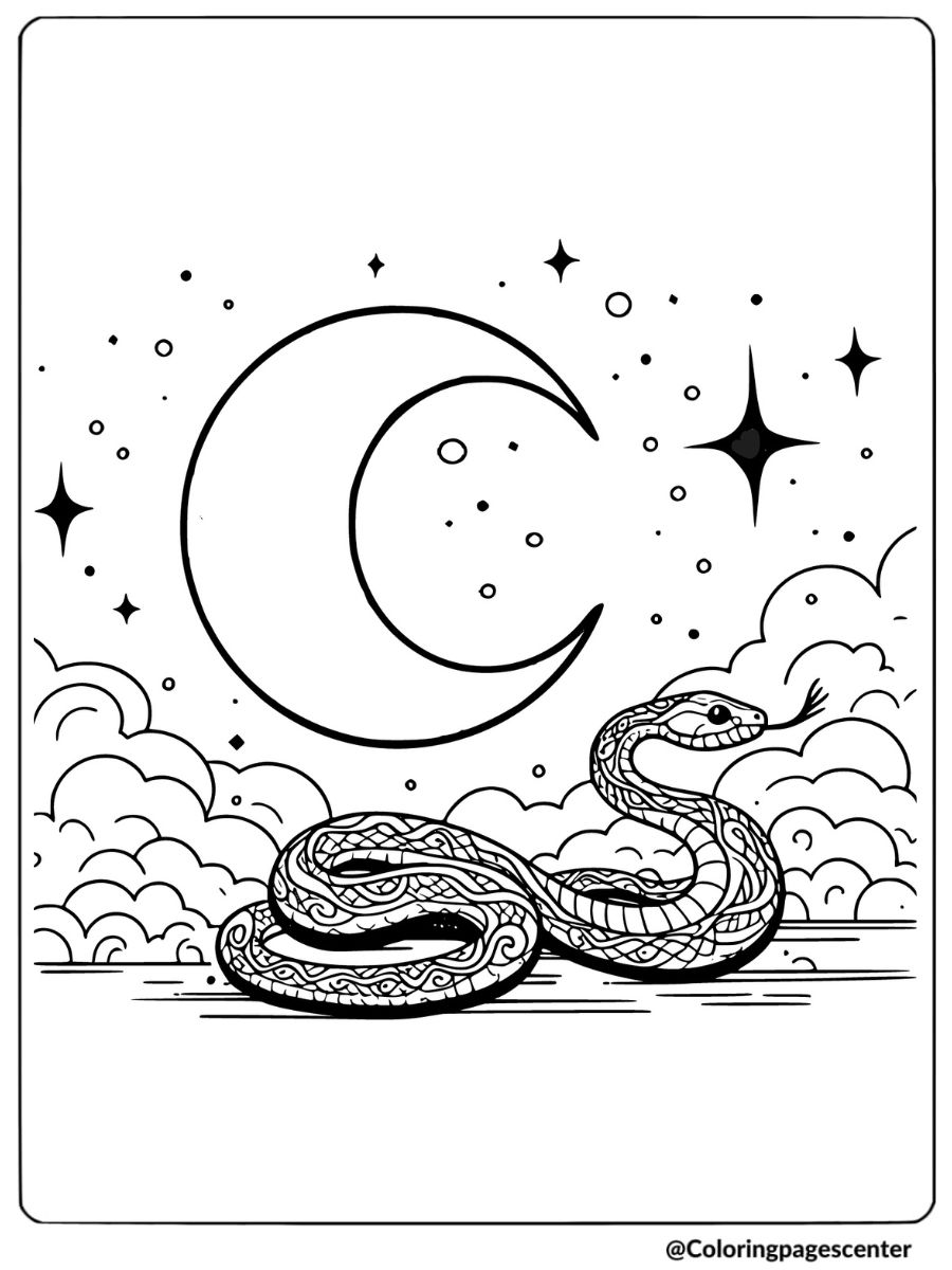 Coloring page of a snake under the moonlit sky