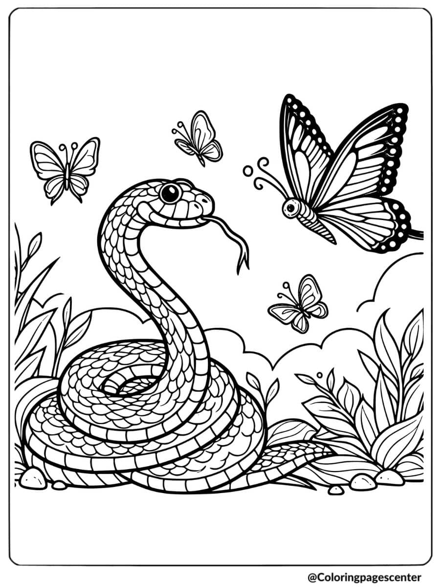 Coloring page of a snake with butterflies in the garden