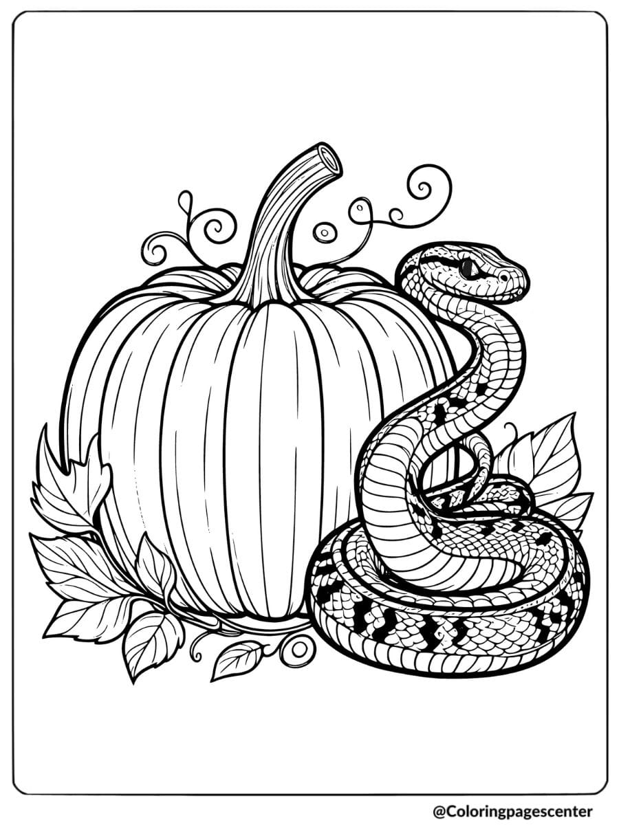 Coloring page of a snake curled around a pumpkin