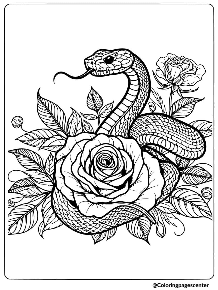 Coloring page showing a snake with a rose