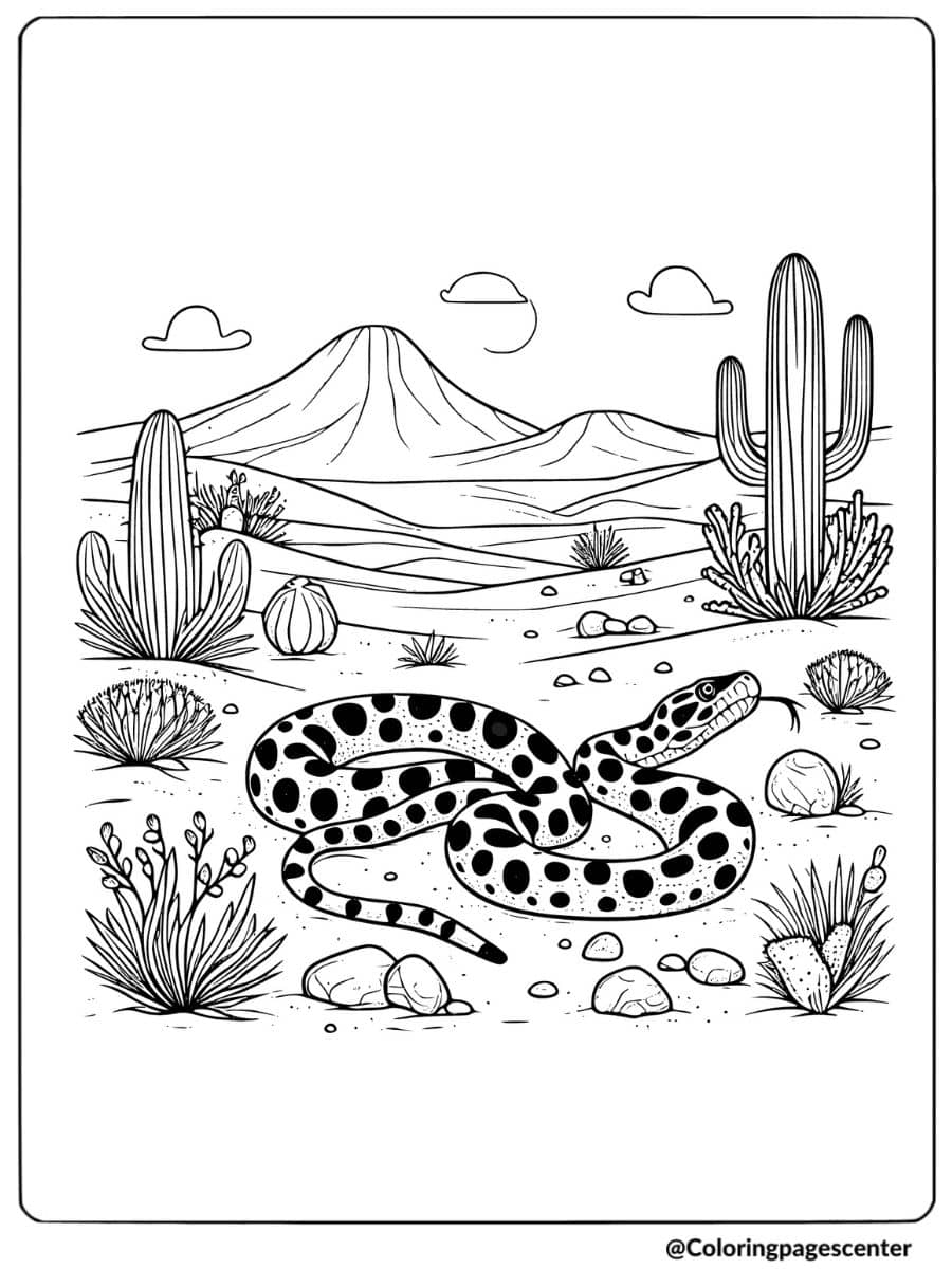 Coloring page of a spotted snake in a desert landscape