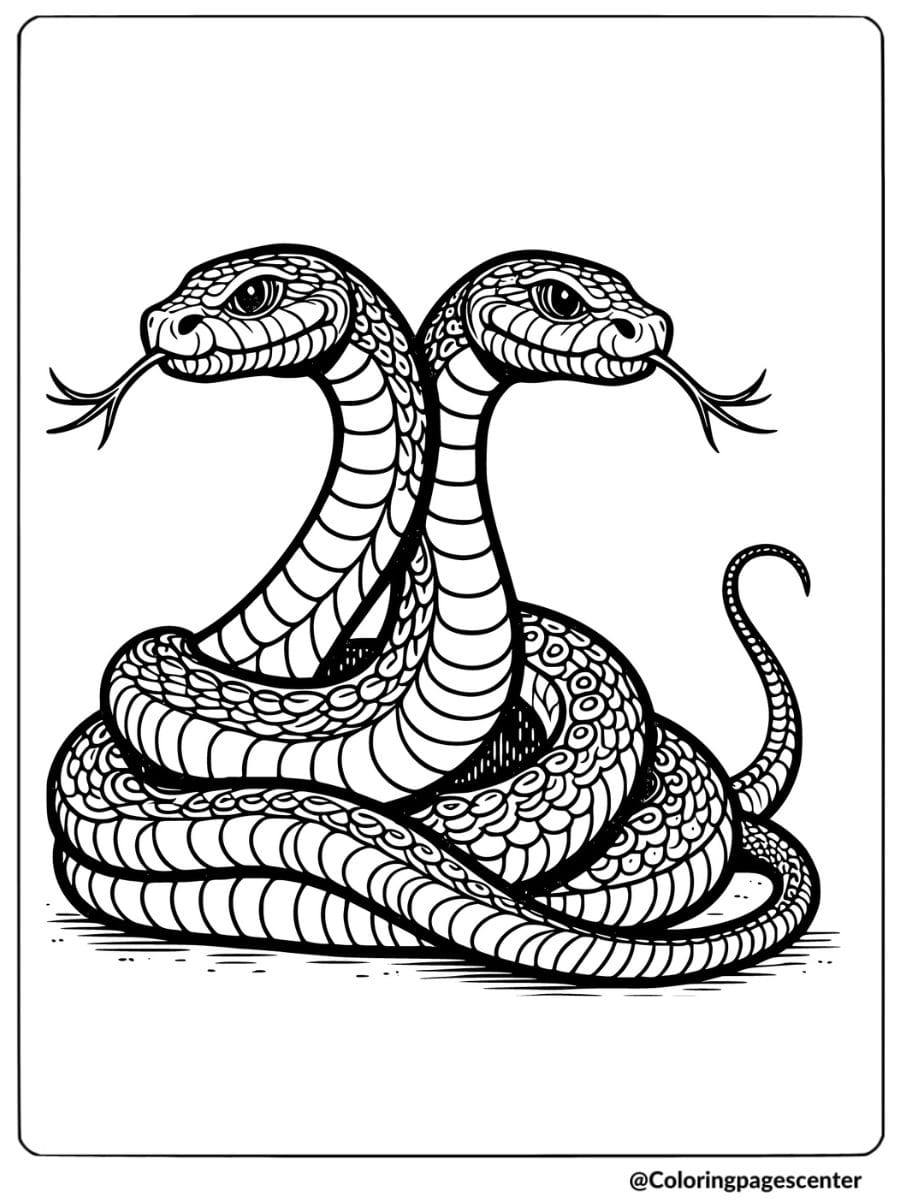 Coloring page showing two snakes entwined together