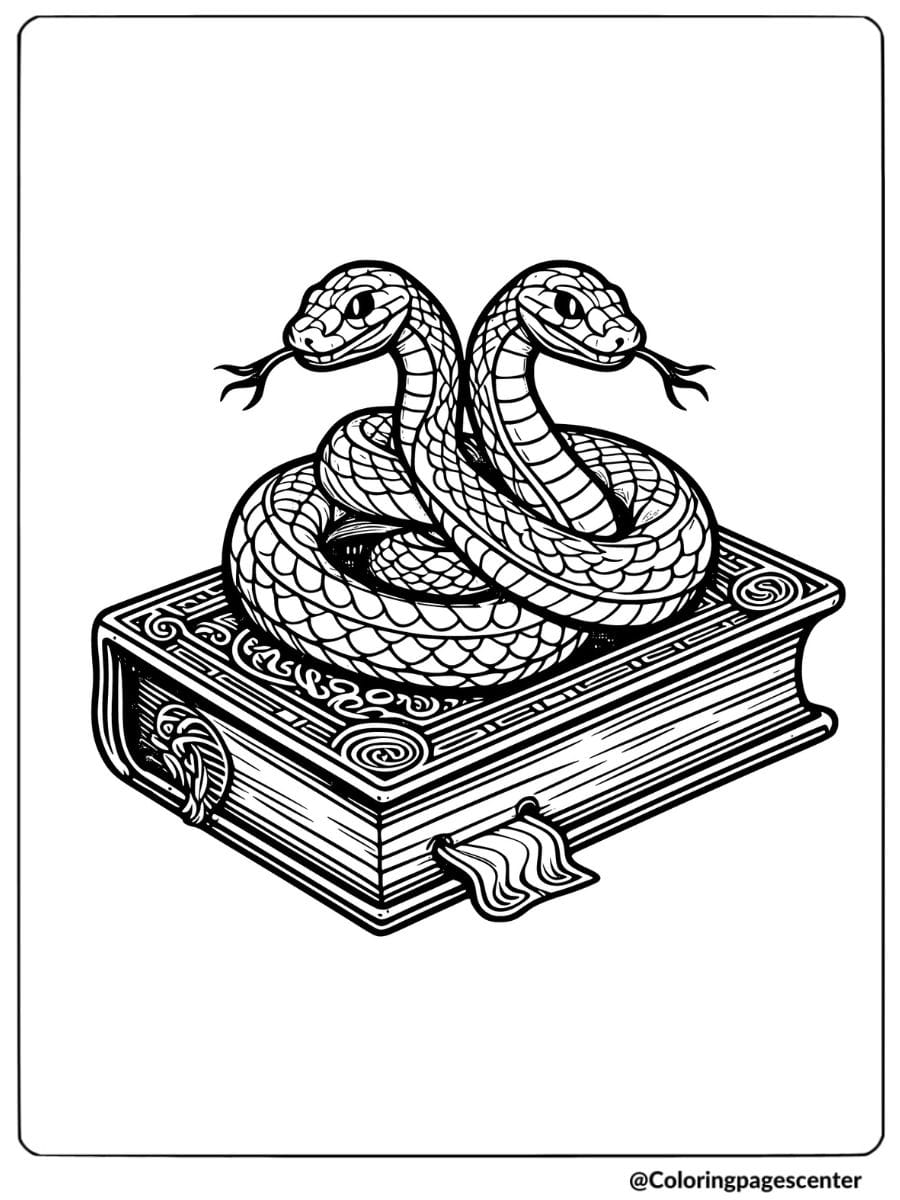 Coloring page featuring two snakes on a book