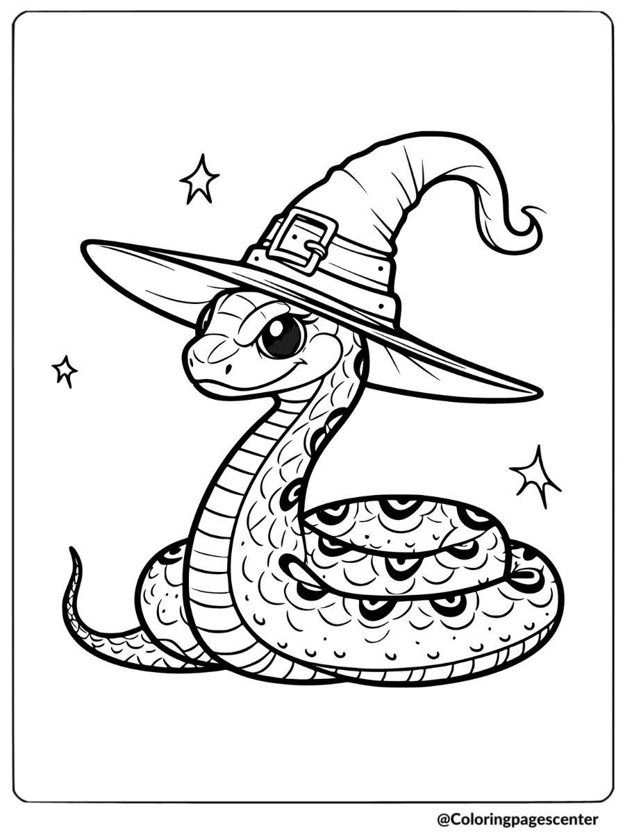 Coloring page of a snake wearing a wizard hat