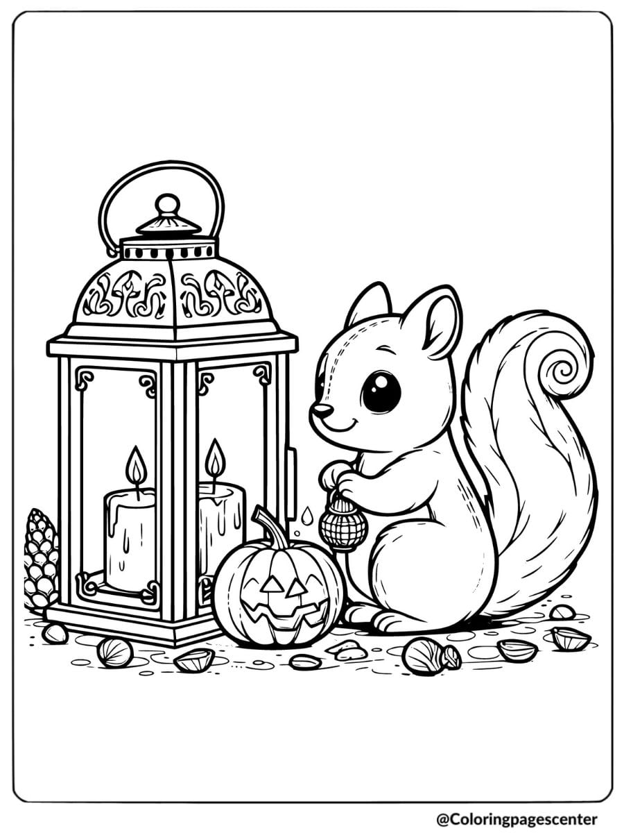 Squirrel and Halloween pumpkin coloring page