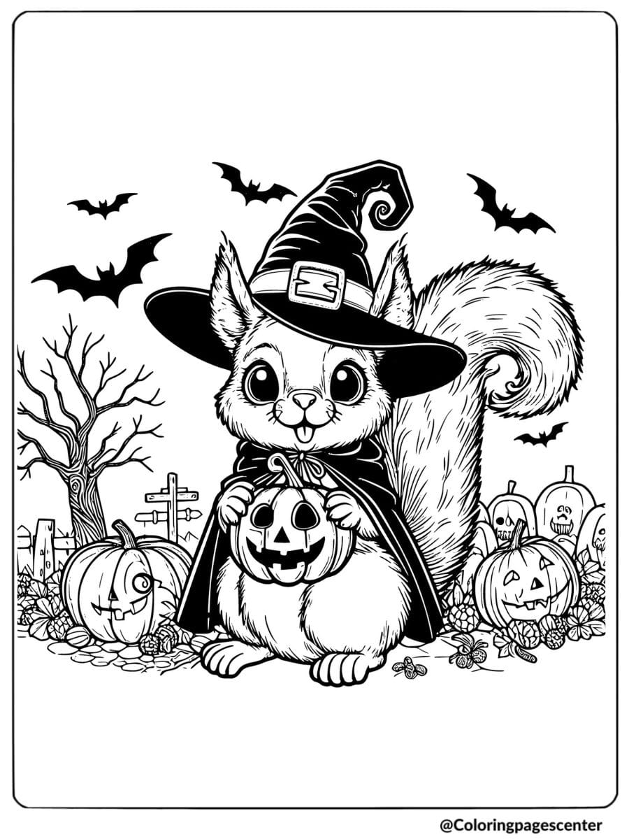 Witch squirrel and jack-o-lantern coloring page