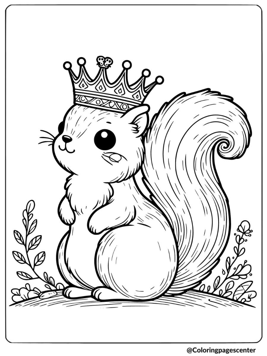 Squirrel wearing a crown coloring page