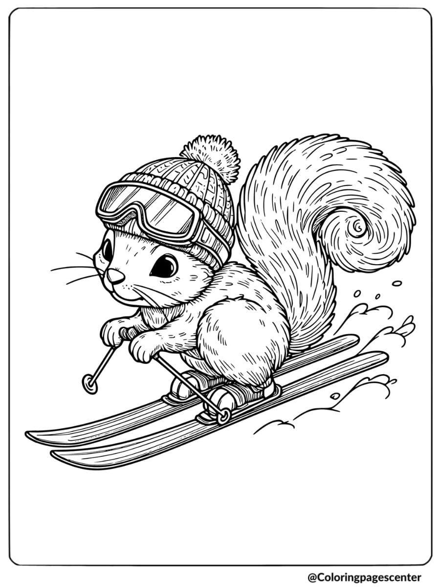 Squirrel skiing in winter gear coloring page