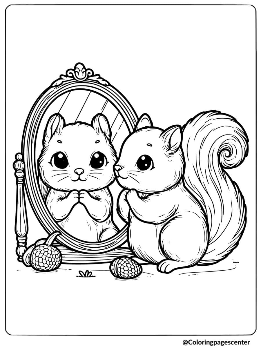 Squirrel looking in a mirror coloring page