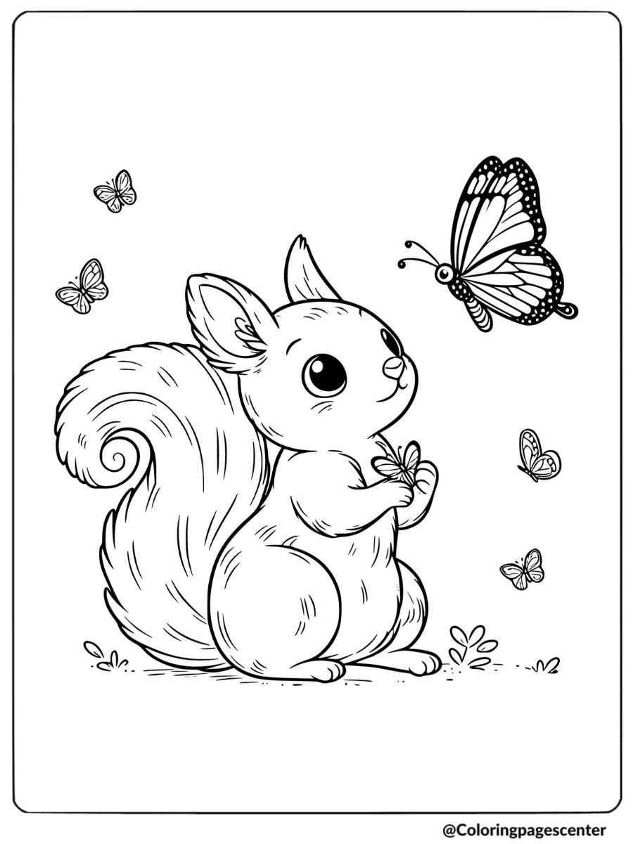 Squirrel watching butterflies coloring page