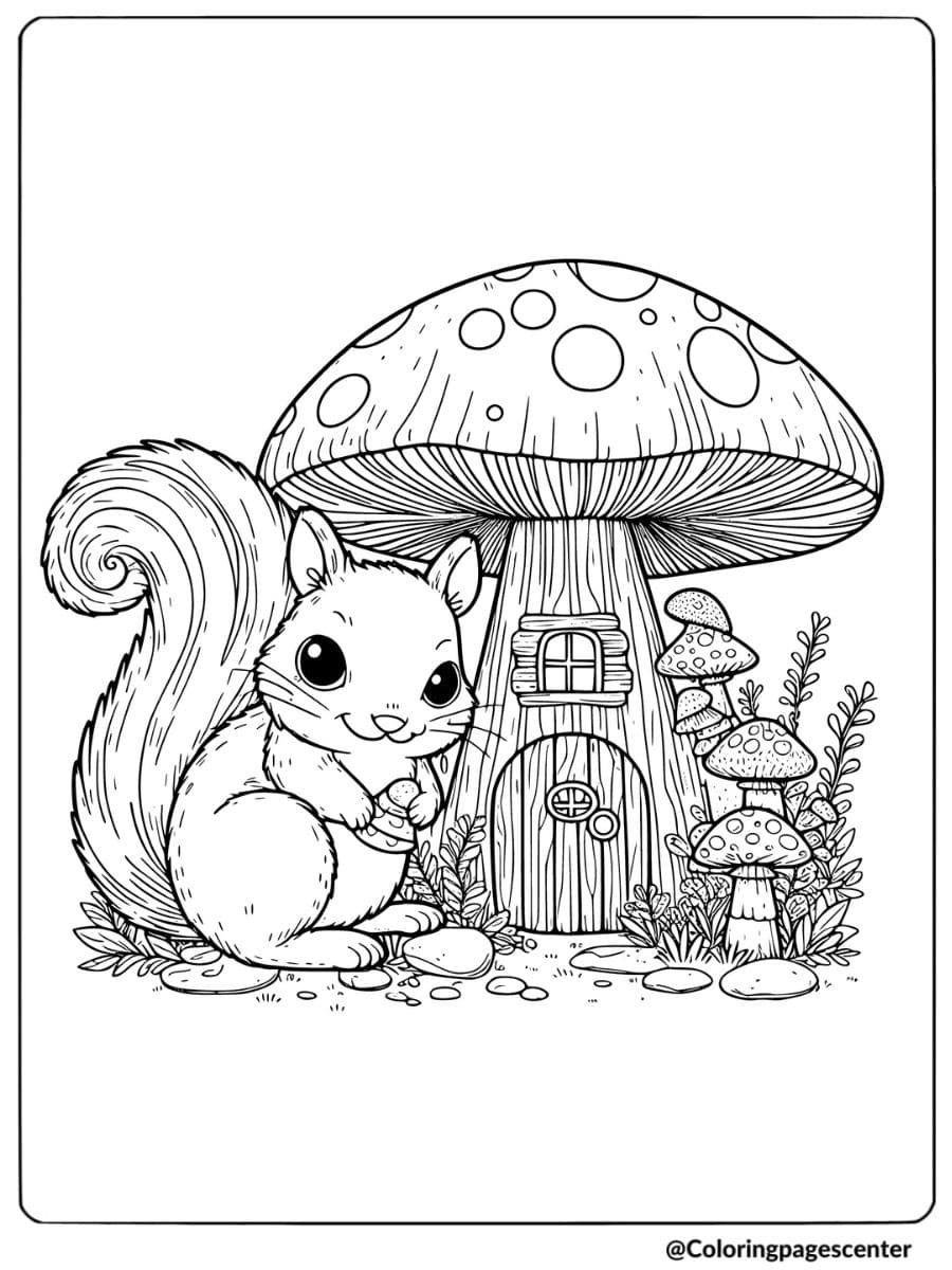 Squirrel by a giant mushroom home coloring page