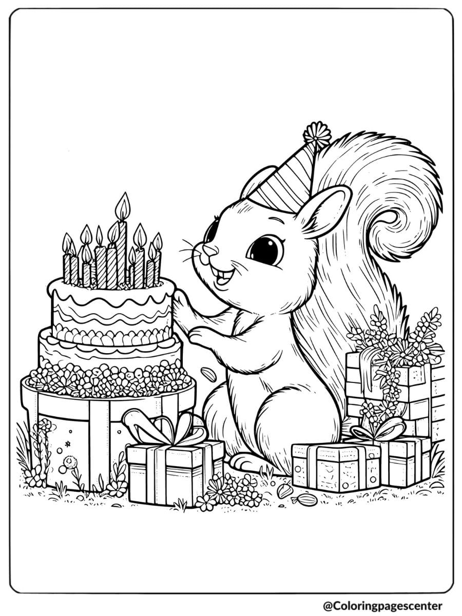 Squirrel at a birthday party with presents coloring page