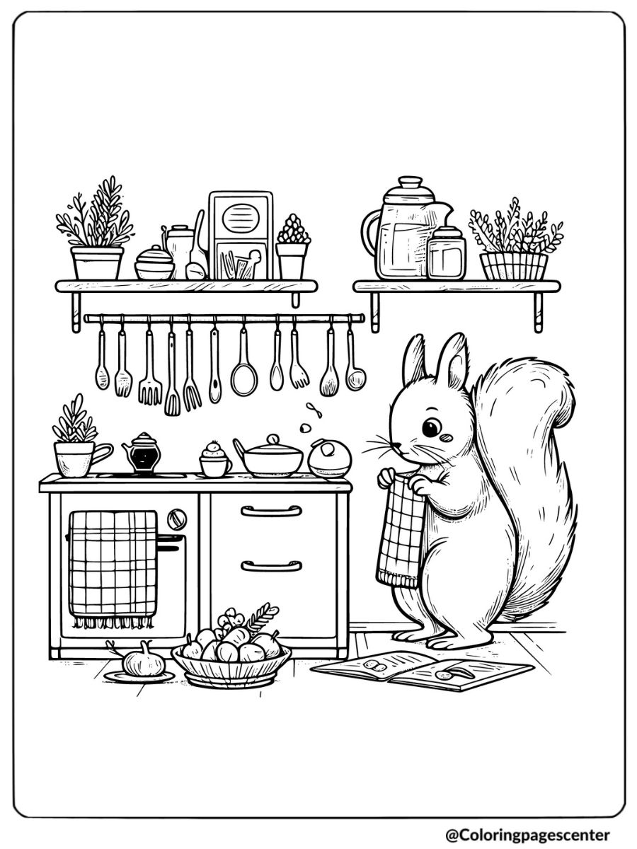 Squirrel preparing food in kitchen coloring page