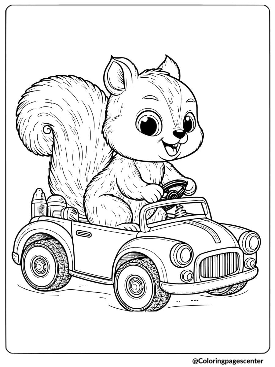 Playful squirrel driving a toy car coloring page