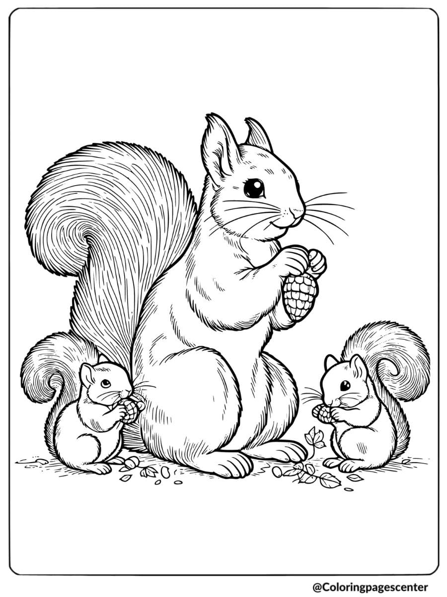 Mother squirrel and baby squirrels coloring page