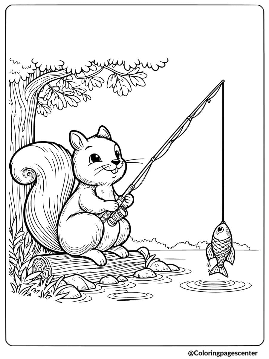 Squirrel catching a fish coloring page