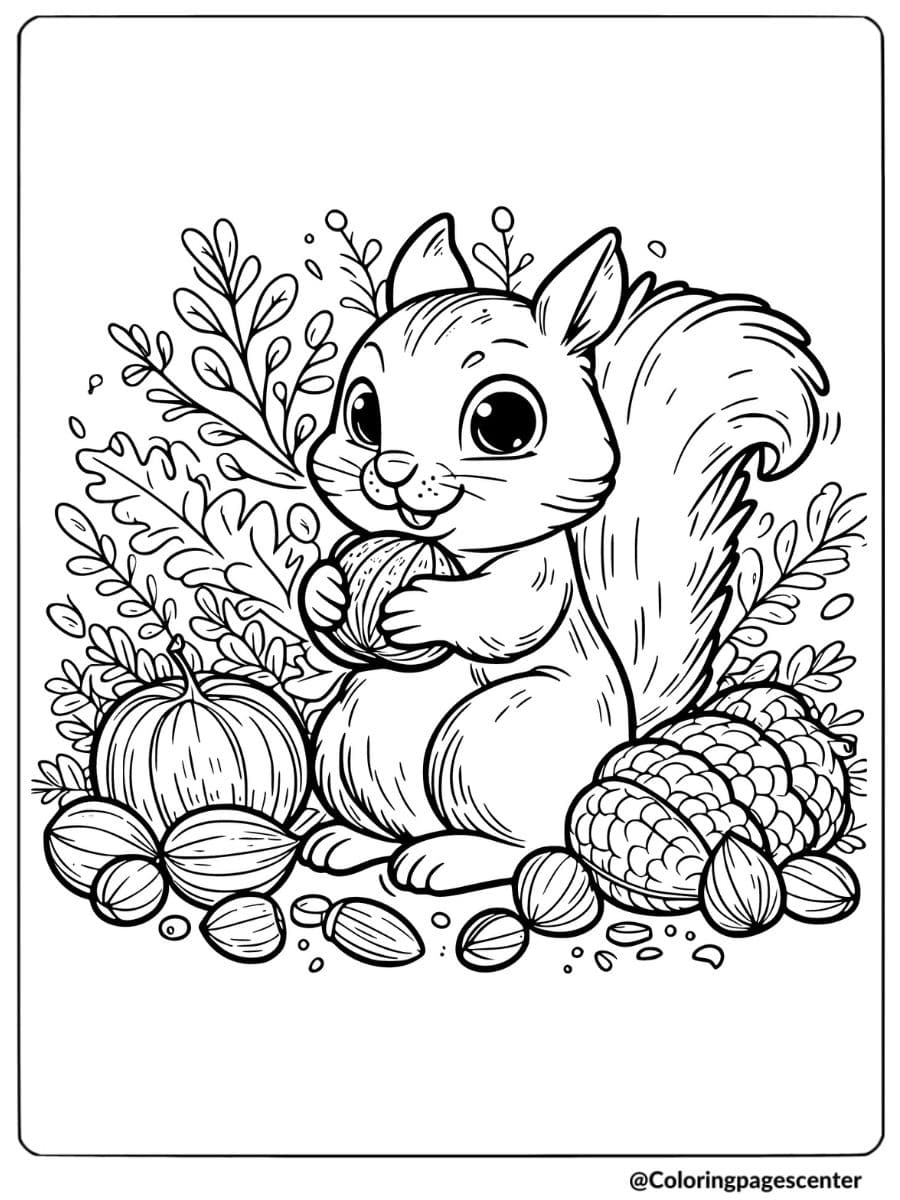 Squirrel collecting acorns and nuts coloring page