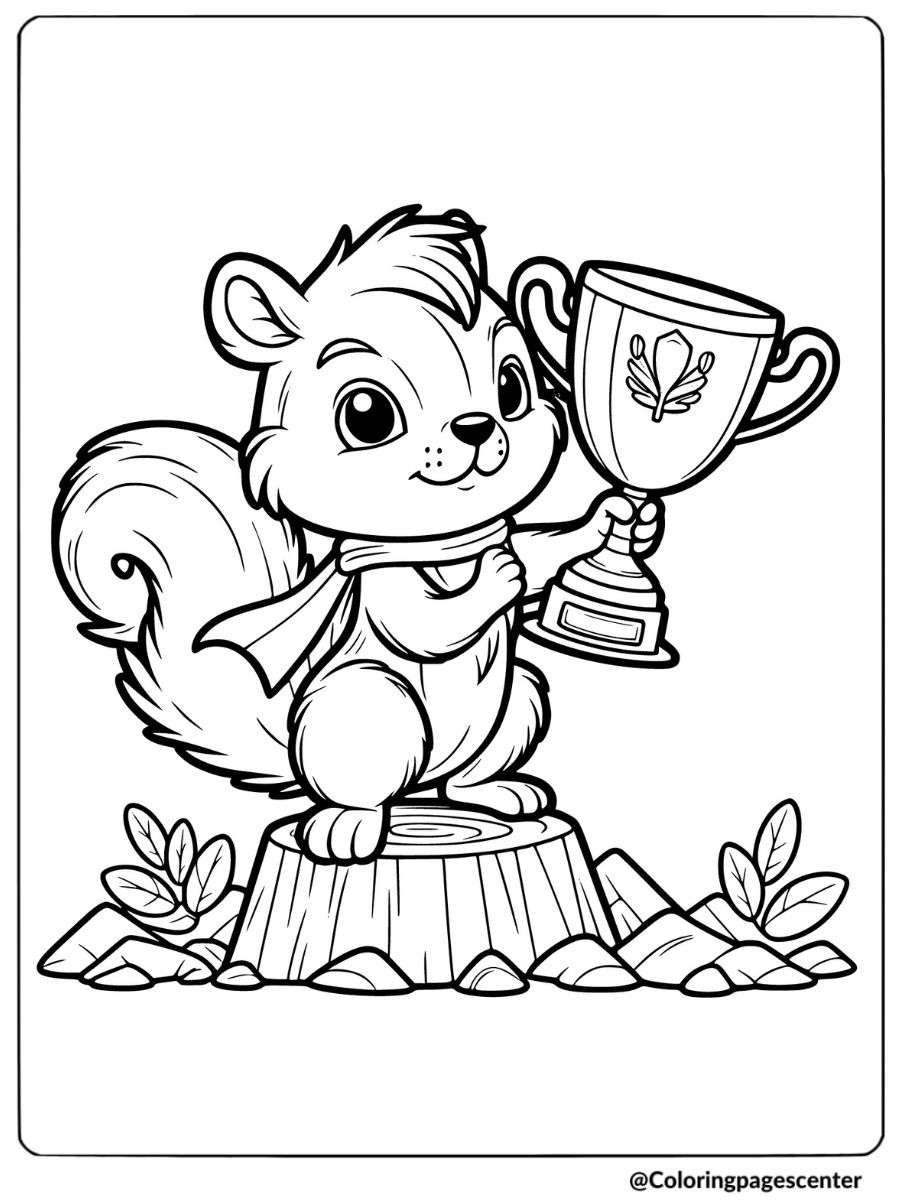 Proud squirrel winner holding trophy coloring page