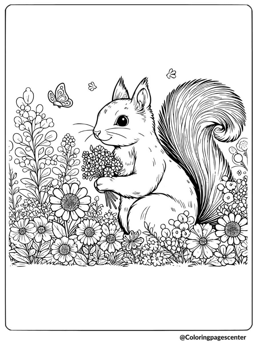 Garden squirrel holding a bouquet of flowers coloring page