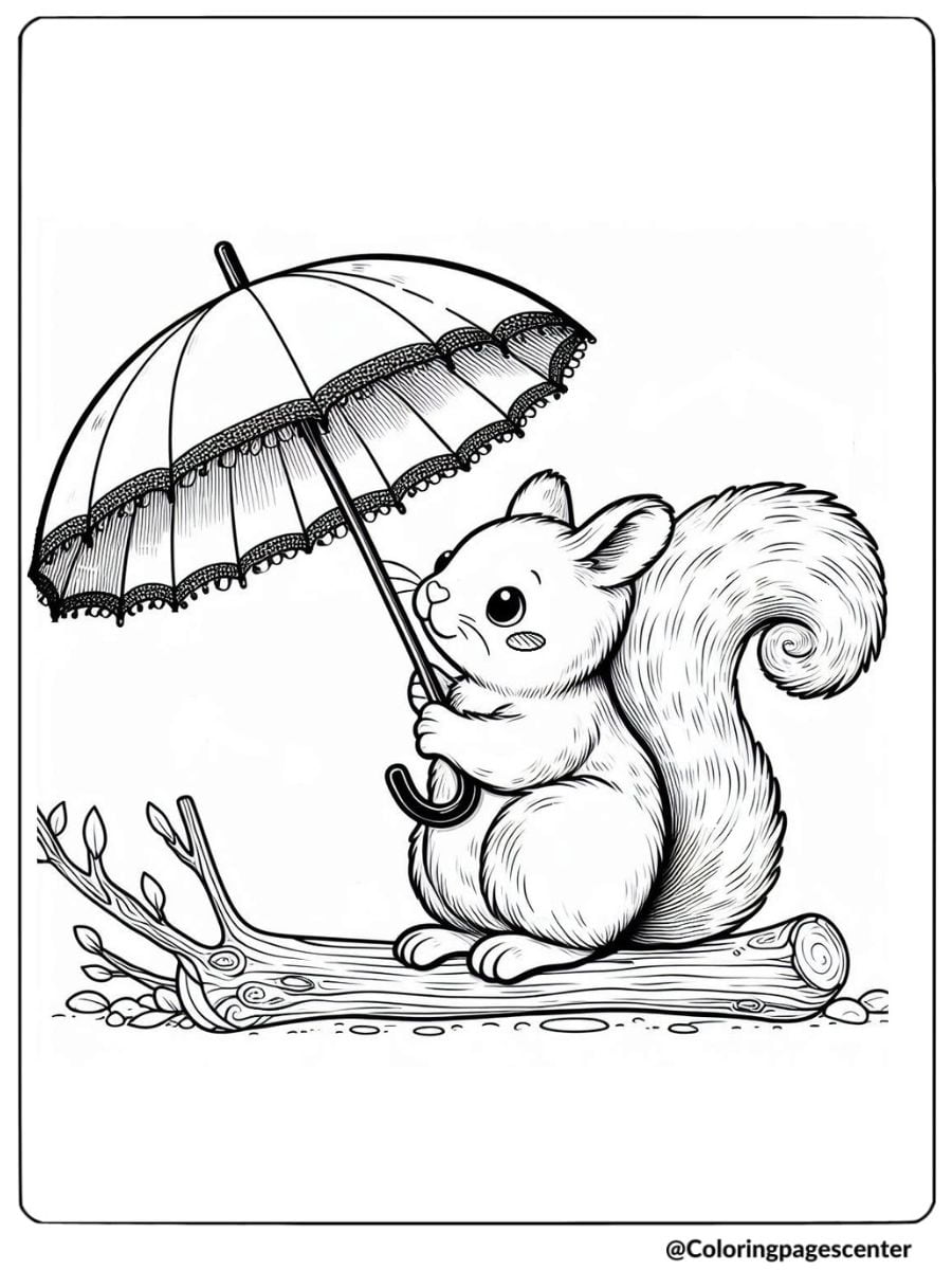 Cute squirrel with an umbrella coloring page